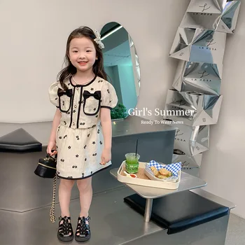 ילדים בגדים 2023 חדש אופנתי בנות קוריאני סגנון אופנתי פרח מזג קשת מקרית פשוטה מתוק שתי חתיכת קבוצה